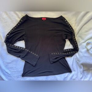 Black Grommet-Detail Long Sleeve Top Y2K 2000s Going Out